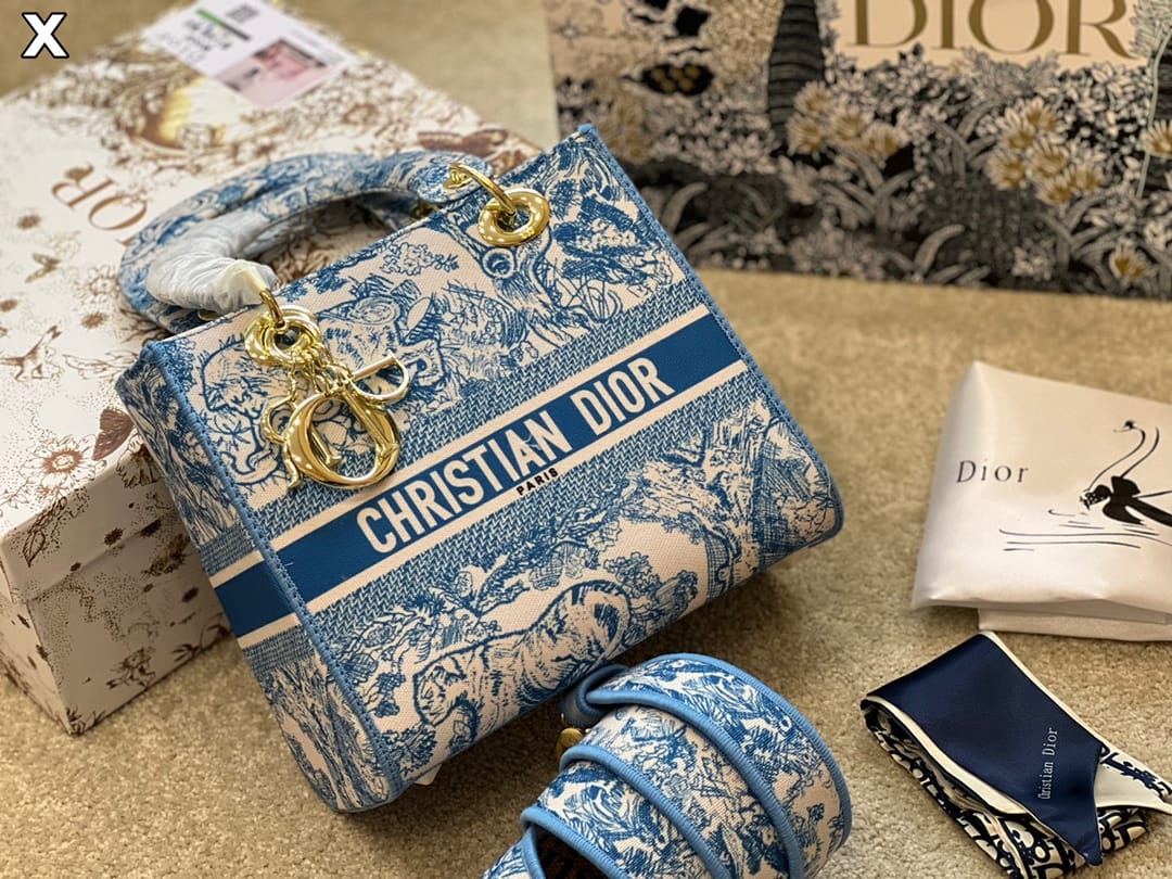Christian Dior Lady Dior Medium Handbag ( Cornflower  Blue Toile de Jouy Embroidery)