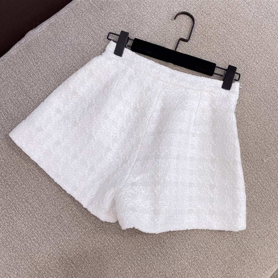 Elegant White Tweed Women Set Single-breasted Fringed Jacket & High Waist Shorts Suit