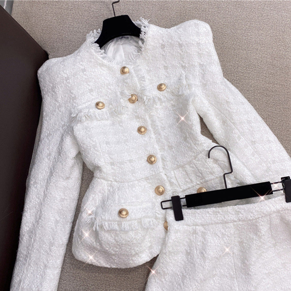 Elegant White Tweed Women Set Single-breasted Fringed Jacket & High Waist Shorts Suit