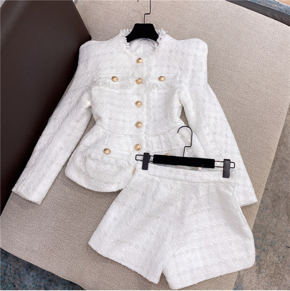 Elegant White Tweed Women Set Single-breasted Fringed Jacket & High Waist Shorts Suit